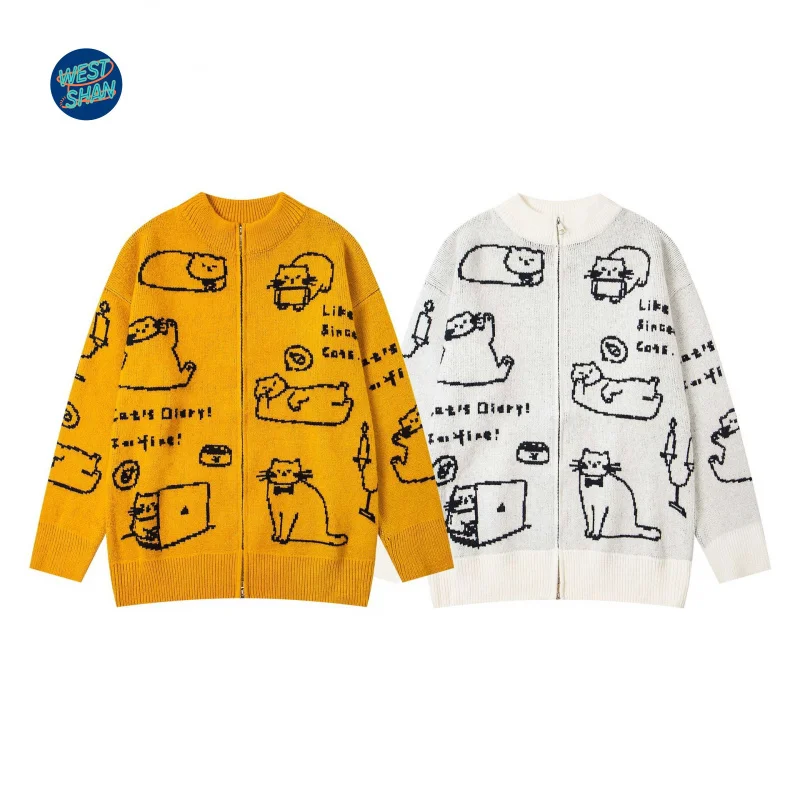 

WESTSHAN Top Quality EU US Size Vintage Cute Cat Jacquard Knitted Cardigan for Men Women Autumn Winter Loose Casual Sweater