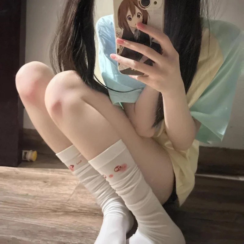 

Japanese bow tie pile JK cute ins women's socks summer emoji printed white calf socks middle tube thin version