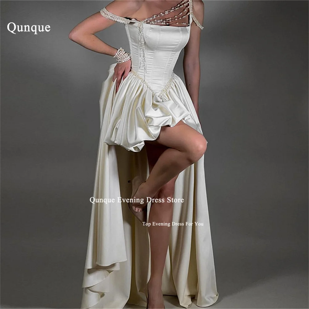 

Qunque Short Satin Wedding Dresses With Detachable Train Bride Dresses Modern Chic Bridal Gown Luxury Pearls Robes De Mariée