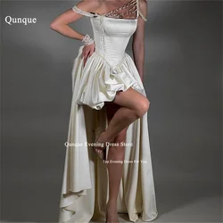 Qunque Short Satin Wedding Dresses Detachable Train Bride Dresses Modern Bridal Gown Luxury Pearls Robes De Mariée Customized