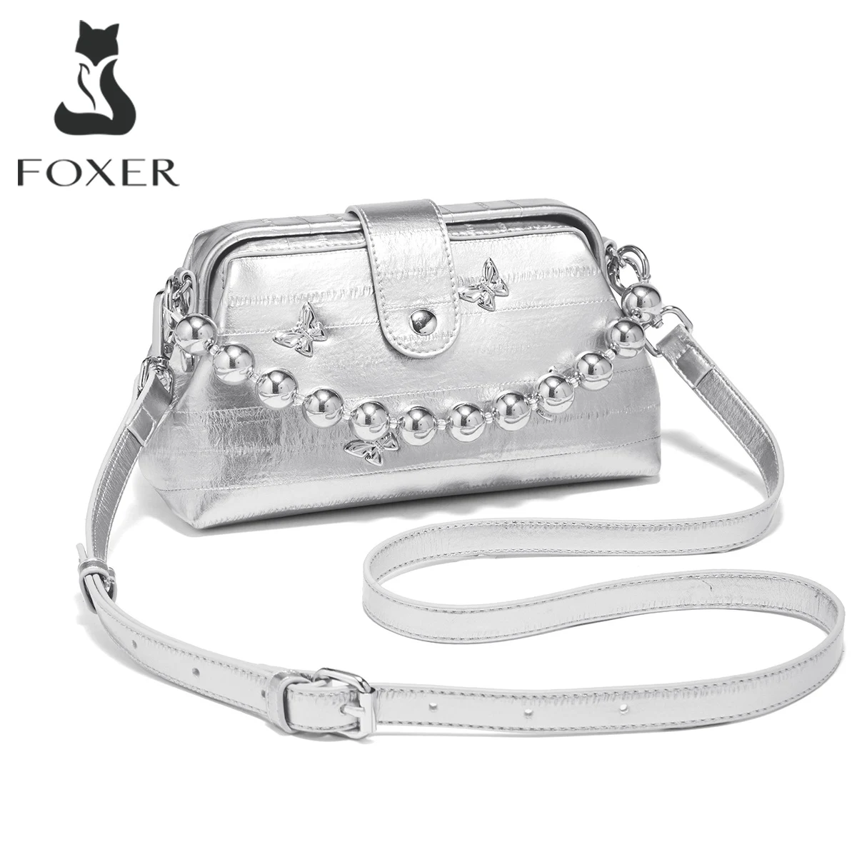 

FOXER Split Leather Women's Crossbody Bag, Y2K Style Beaded Butterfly Clutch, Adjustable Strap Shoulder Bag for Party Street