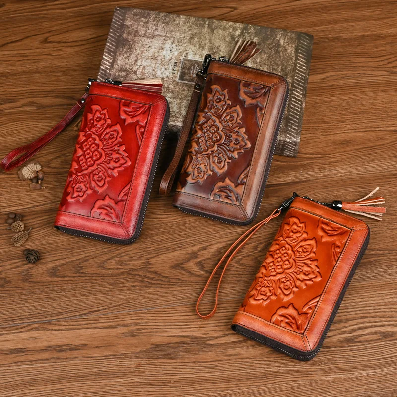 Top layer cowhide coin purse, long floral leather carving wallet, retro hand-held zipper storage wallet