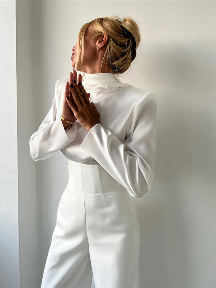 

Kliou шелковистый атласный комплект из 2 предметов, женская осенняя трендовая водолазка, футболки с открытой спиной + длинные брюки с высокой талией, повседневная элегантная стильная одежда