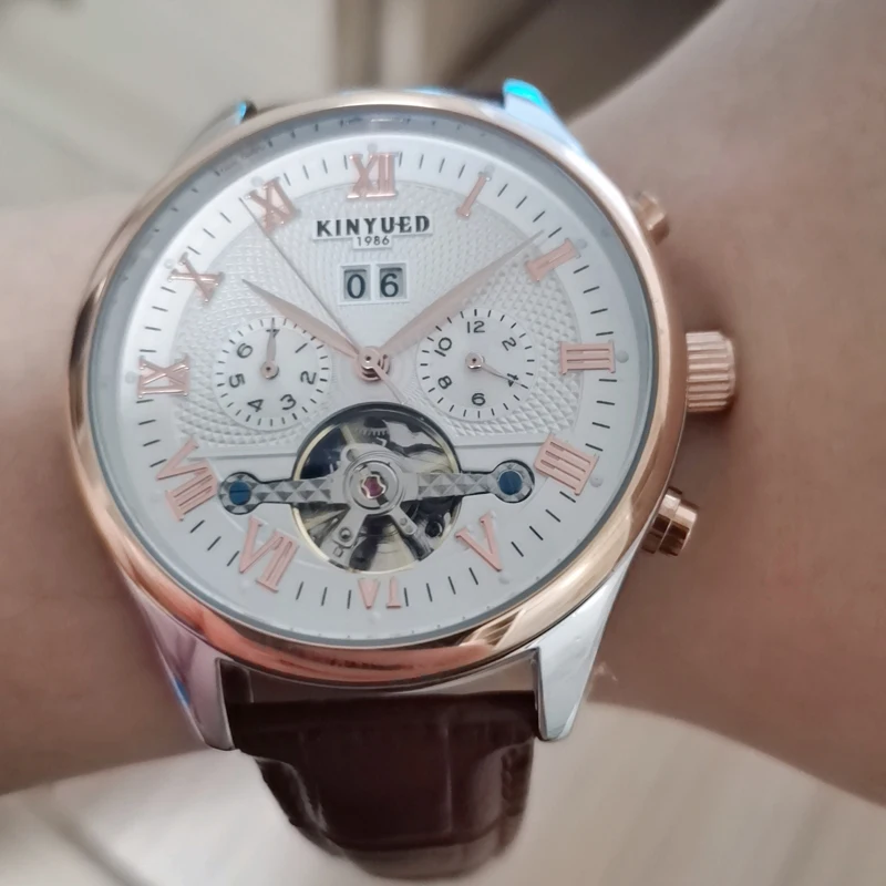 KINYUED Tourbillon Männer Uhren Mode-Business Automatische Mechanische Uhr Männer Casual Leder Wasserdichte Uhr Relogio Masculino – Detail 8