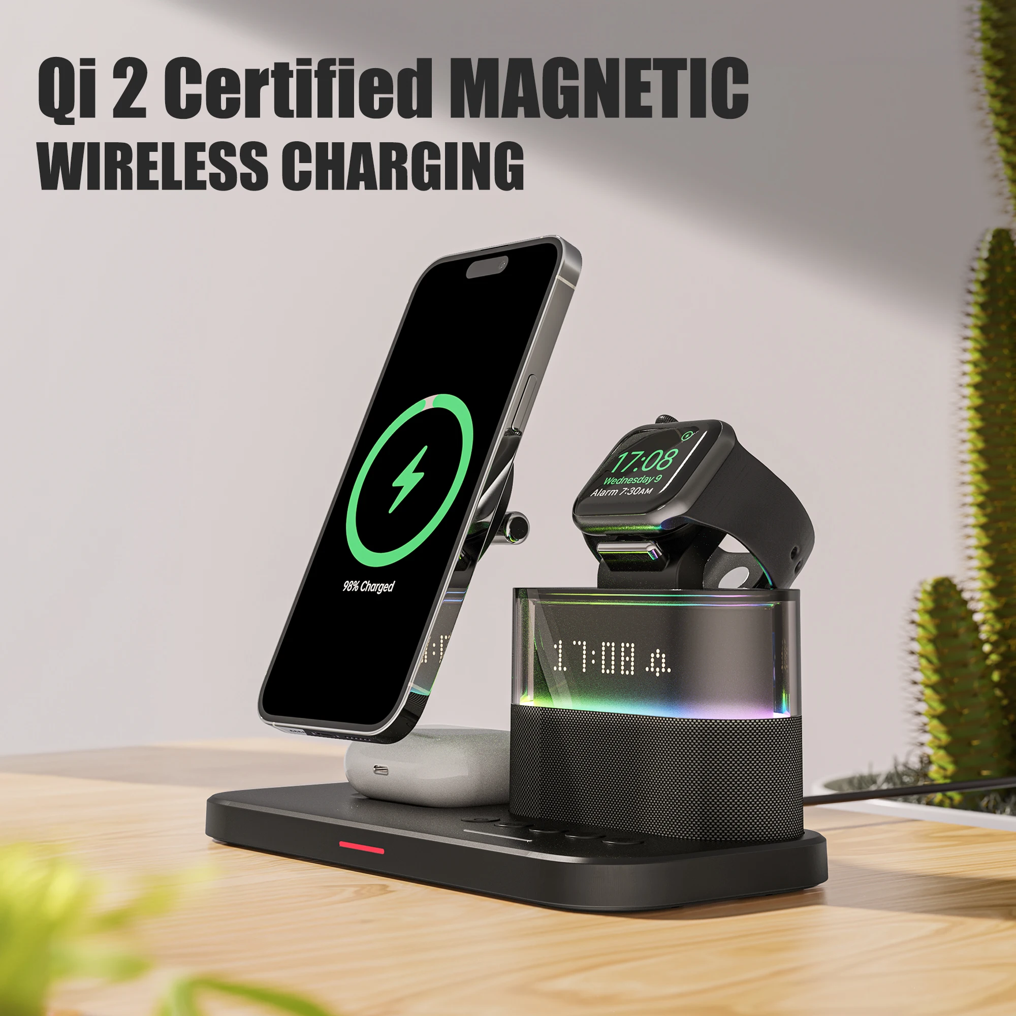 Qi2 Certified 25W 3 in 1 Wireless Charger for iPhone 16/15/14/13 Charging Station RGB Alarm Clock For iWatch Ultra10/9/8/7/6