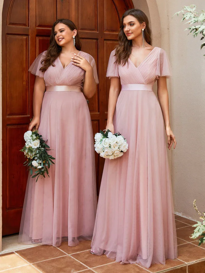 

Ever-Pretty Women'S Mother Of Bride Dress Double V-Neck A-Line Floor-Length Empire Waist Front Wrap Tulle Bridesmaid Dress