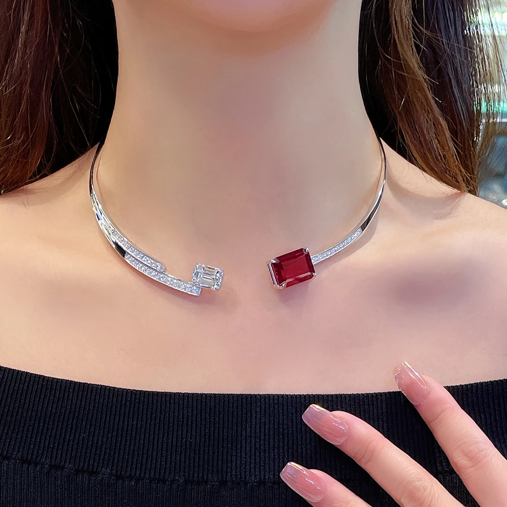 CUMEE Large Carat T-shaped Design Cultivation Synthetic Ruby Collar Necklace Open 925 sterling Silver Gold Plating