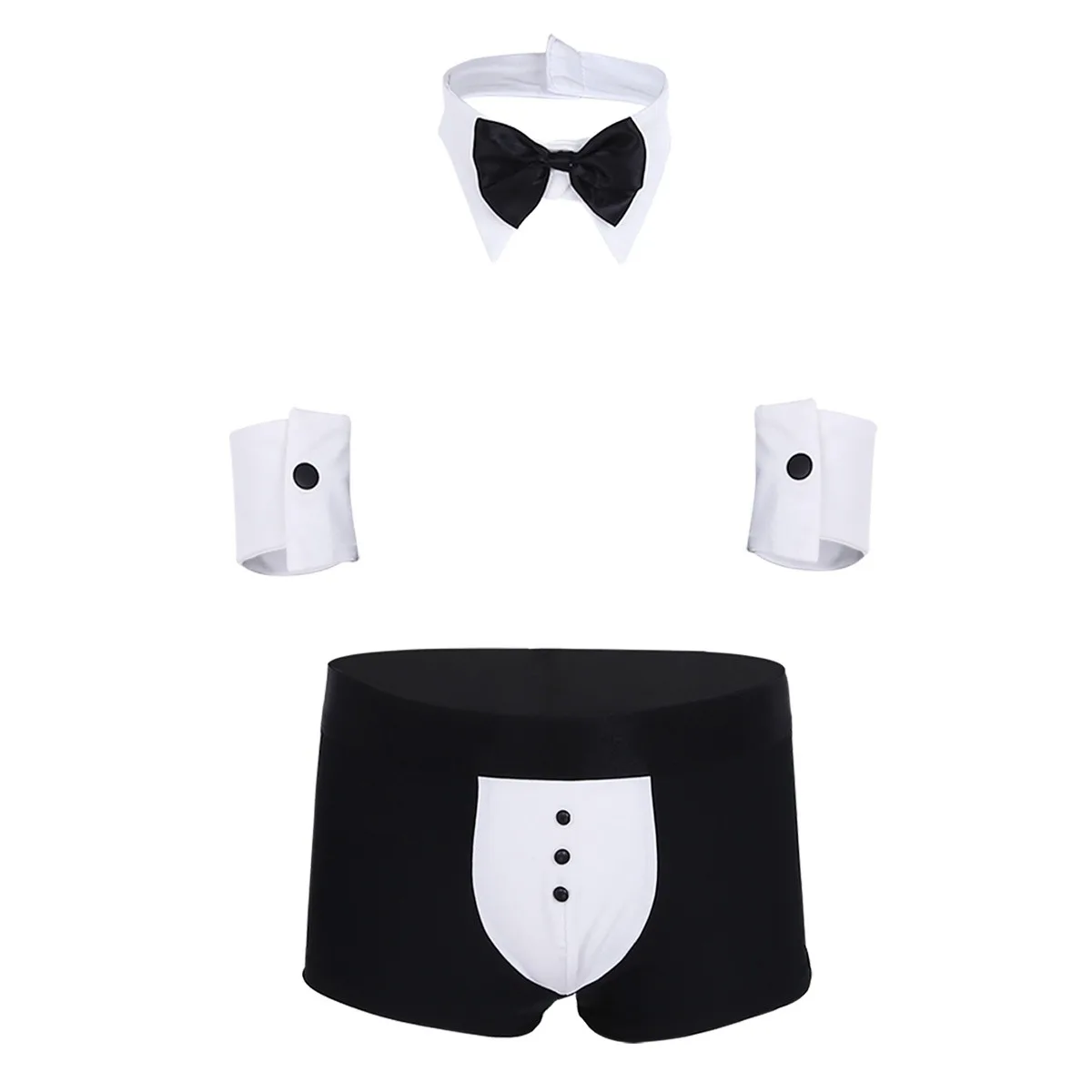 3Pcs Mens Waiter Tuxedo Sexy Cosplay Costume Lingerie Suit Boxer Briefs Underwear with Bow Tie Collar and Bracelets