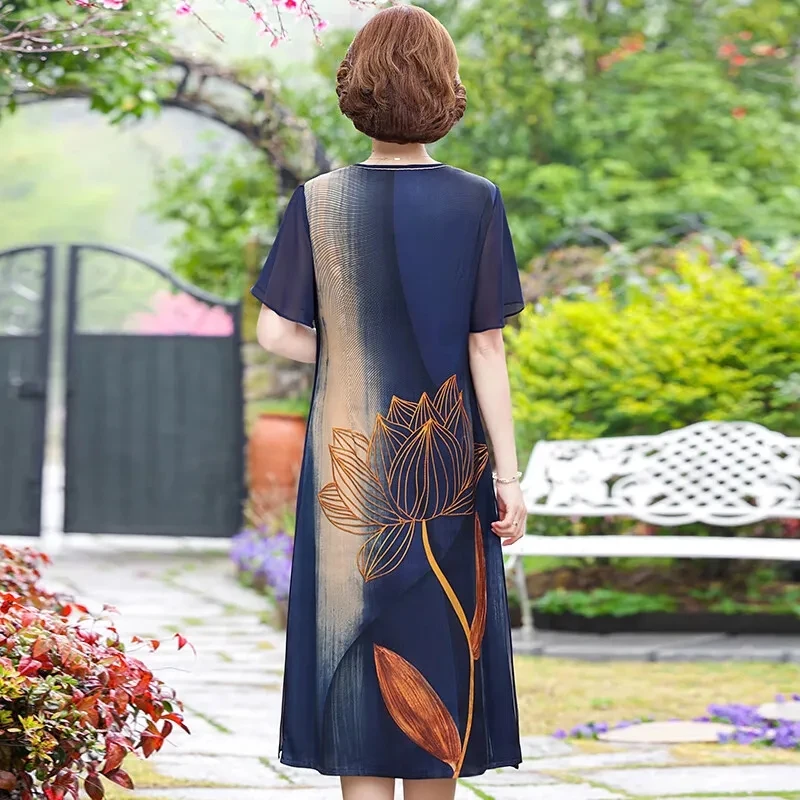 5XL Lage Size Elderly Women's Dress New Summer Elegant Dress High-end Middle Aged Mother Short Sleeve Printing Dress Vestidos