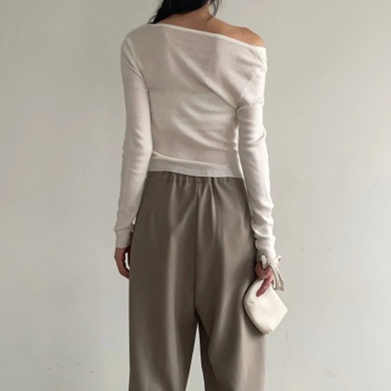 SUCHCUTE Elegant Solid Off-Shoulder Asymmetrical Top Women Chic Long-sleeve T-shirt Spring All Match Outfit Grunge Fairycore