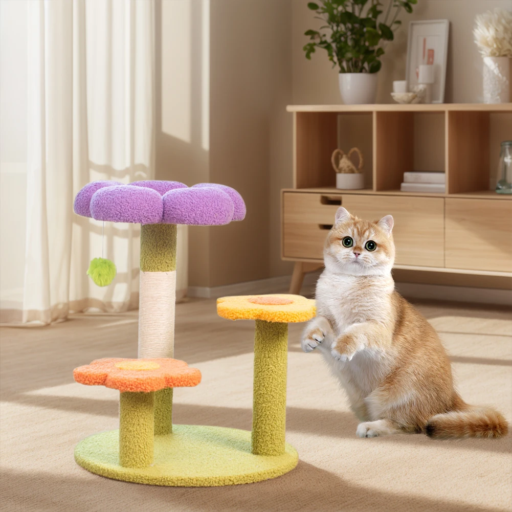 Flower Cat Tree Tower Multi-Function 3 Layer Indoor Cats Cat Climbing Frame Sisal Scratching Posts Cat Tower Plush Pet Supplies