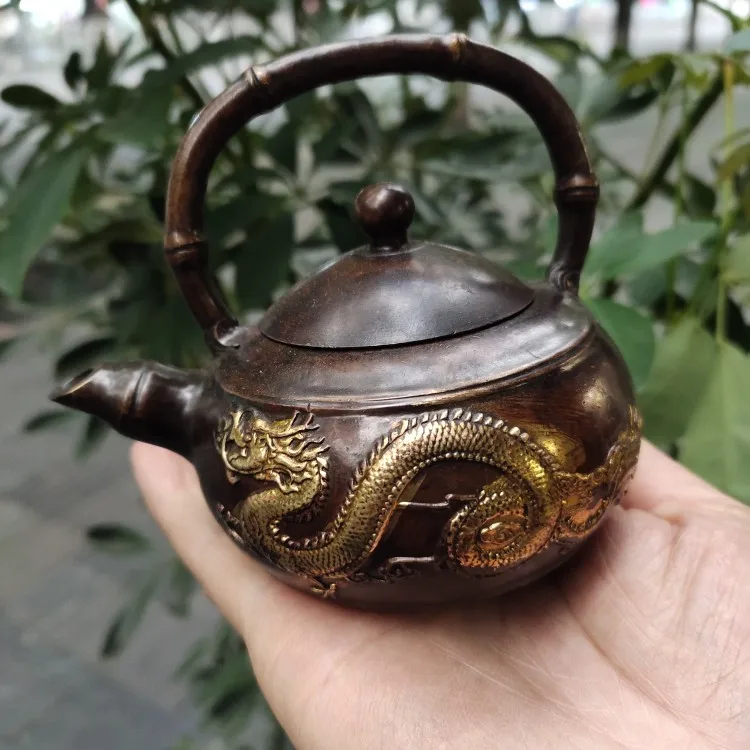 Antique bronze collection, antique brass, gilt dragon and phoenix, beam, wine pot, teapot pulp, old way, home tea ceremony ornam