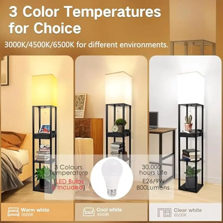 

Shelf Floor Lamps for Living Room,Tall Standing Lamp with Shelves and Drawer,2 USB Charging Ports & 2 Power Outlet- Black