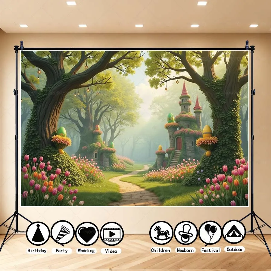 

MOON.QG Easter Day Decoration Princess Garden Photo Background Magical Woodland Trail Photography Backdrop For Children Poster