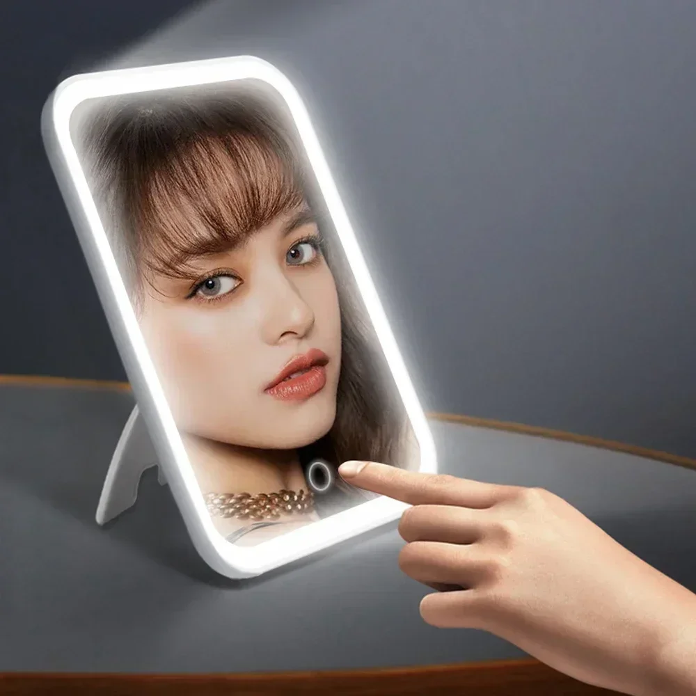 LED Makeup Mirror 3 Color Touch Dimmable USB Rechargeable Bedside Vanity Table Lamp Portable Foldable Mirrors For Outdoor Travel