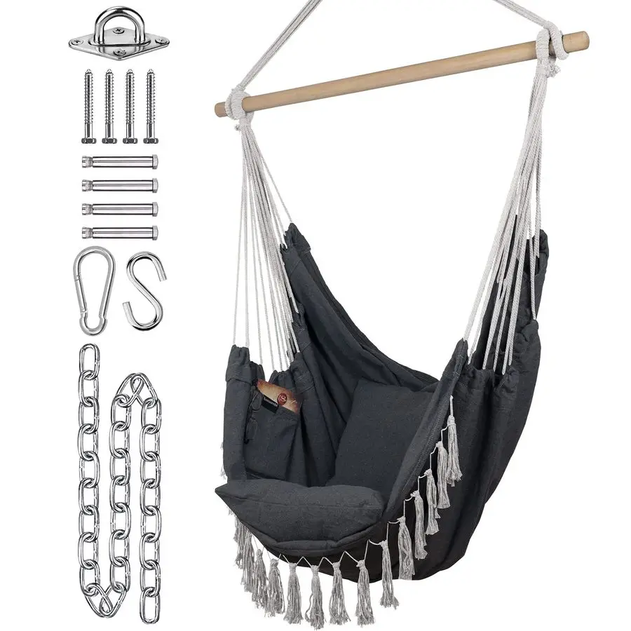 

Hammock Chair Grey 60 x 47 Hanging Rope Swing for Indoor amp Outdoor Soft amp Durable Cotton Canvas 2 Cushions Included Large Ma