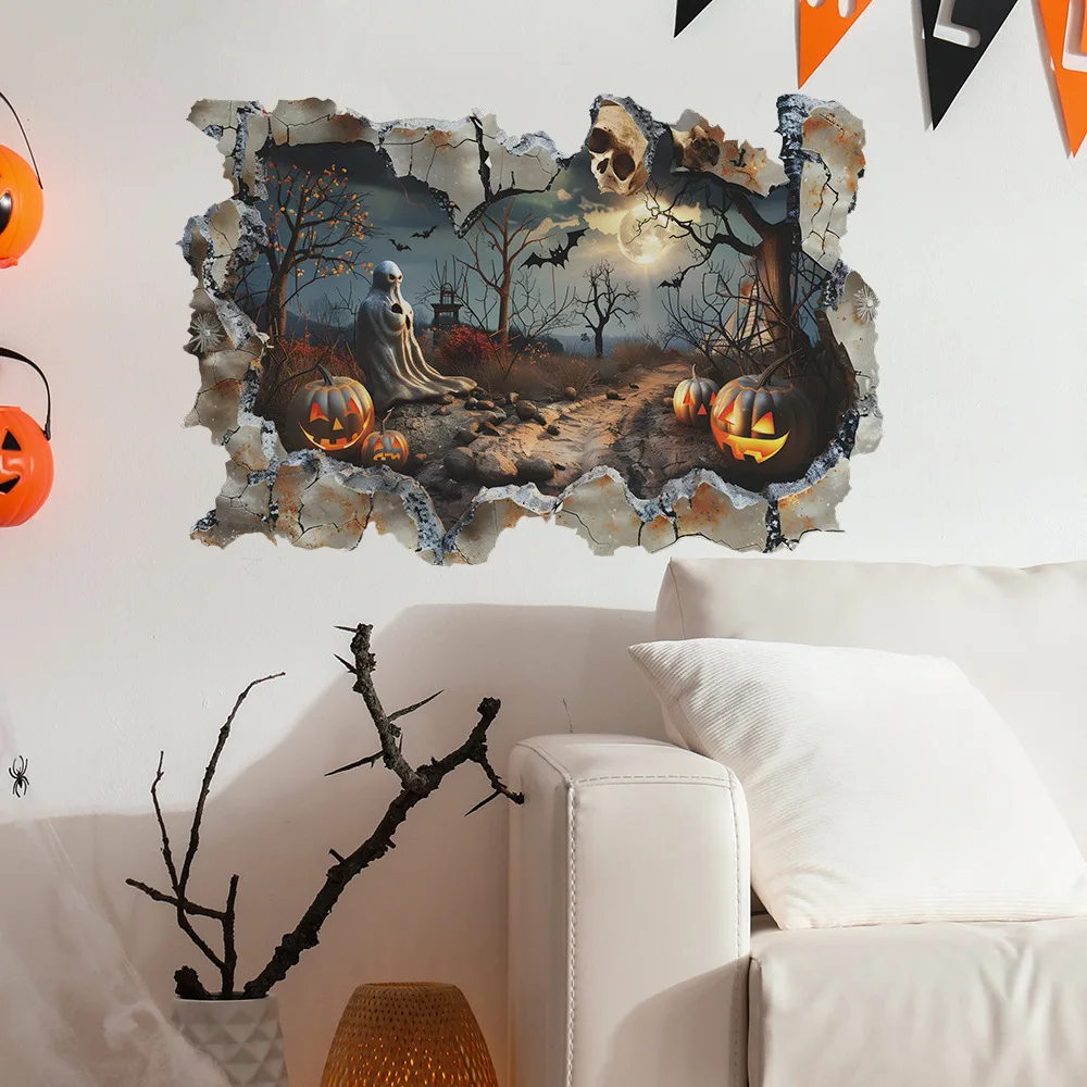 New Halloween broken wall Skull bat pumpkin bedroom living room home beautification decorative wall stickers