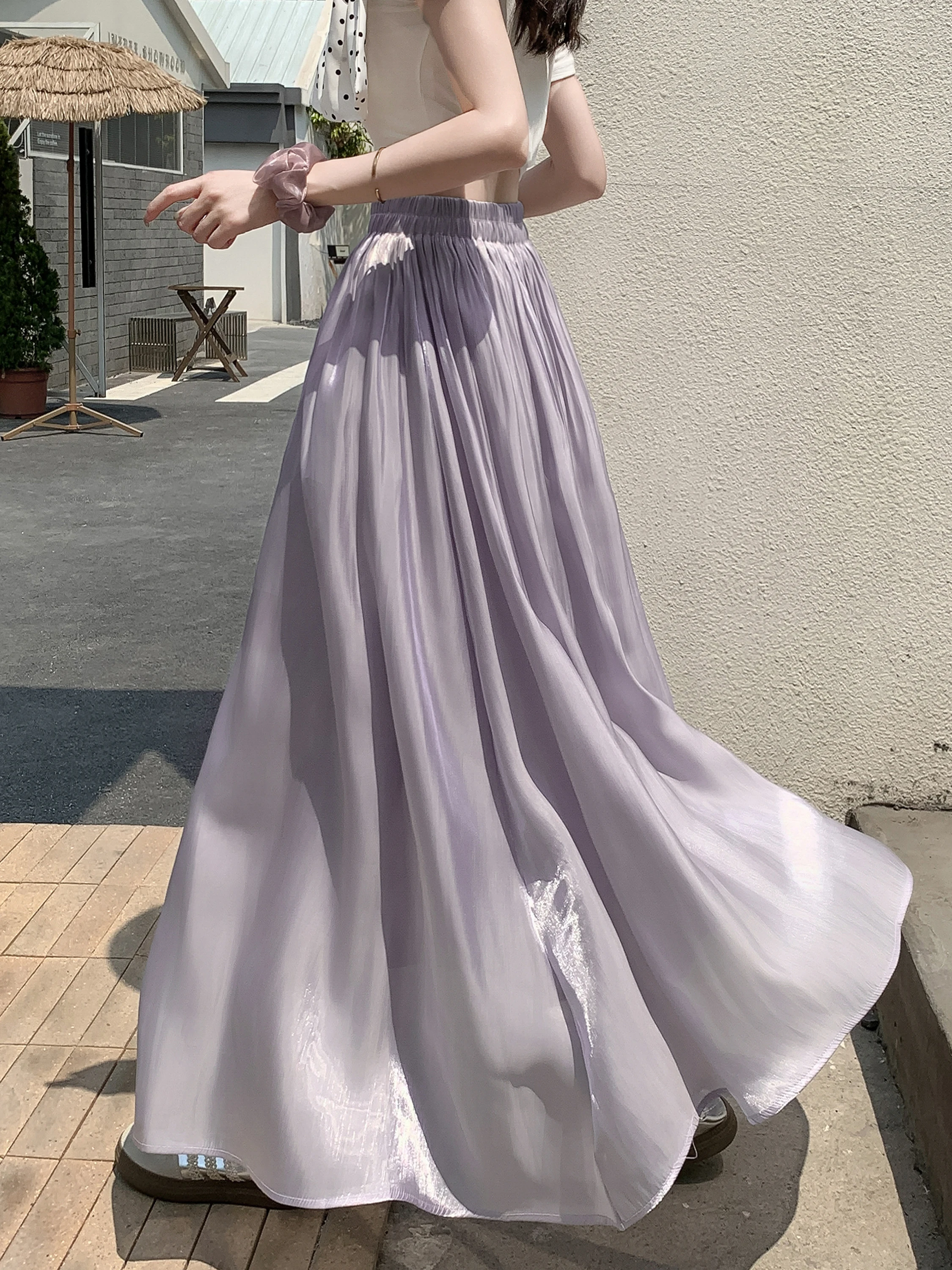 

Purple Shiny Silk Satin Long A-Line Skirt Women's Spring Summer Thin Ice Silk Falling Long Half-length Skirt High Waist Design