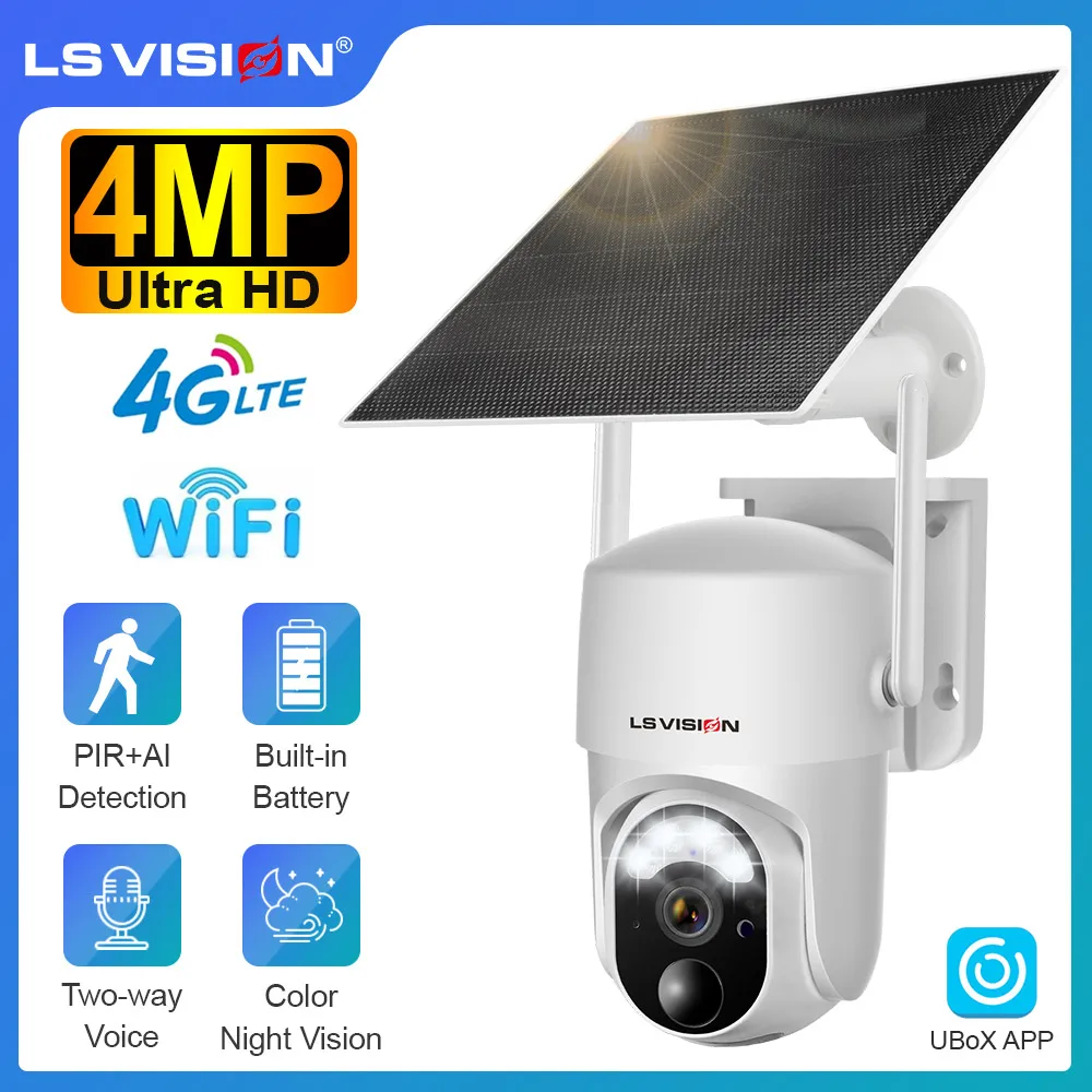 

LS VISION 4MP Solar Camera Outdoor Wireless 4G/WiFi PTZ Color Night Vision Built-in Battery PIR Human Detection Secutity Camera