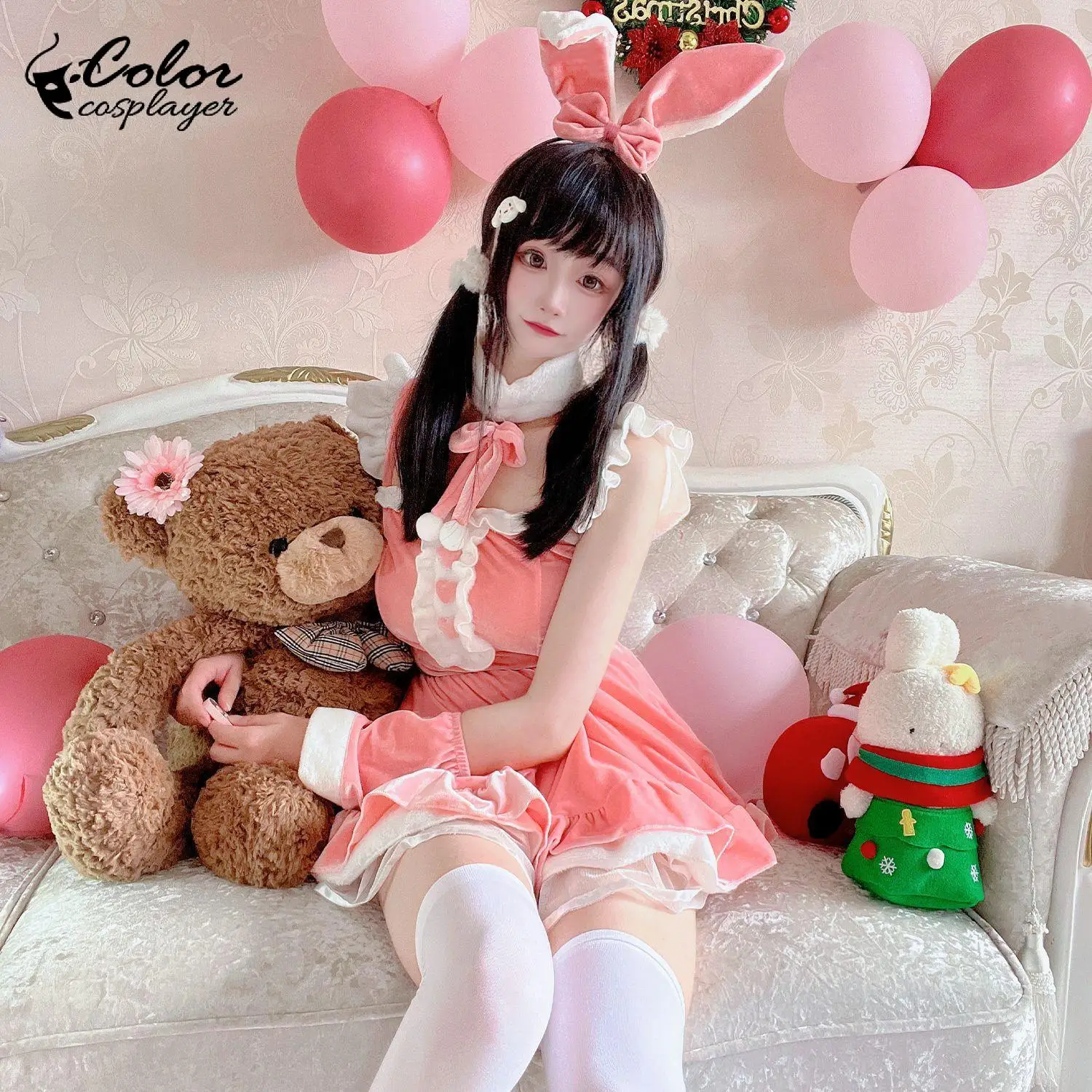 Farbe Cosplay rosa Weihnachts kleid Anzug Frauen Weihnachten Mädchen Set Kaninchen Cosplay Kostüm fantastische Halloween Party Erwachsenen Kleidung