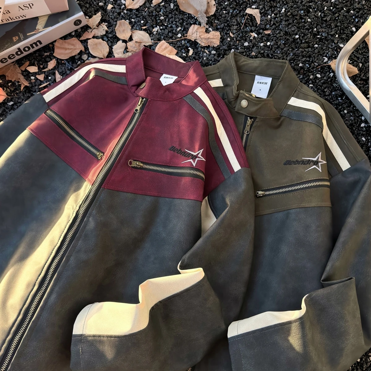 

Retro American Motorcycle PU Leather Suede Collar Jaet Men's Loose Sli Street Splice Color Couple Outerwear