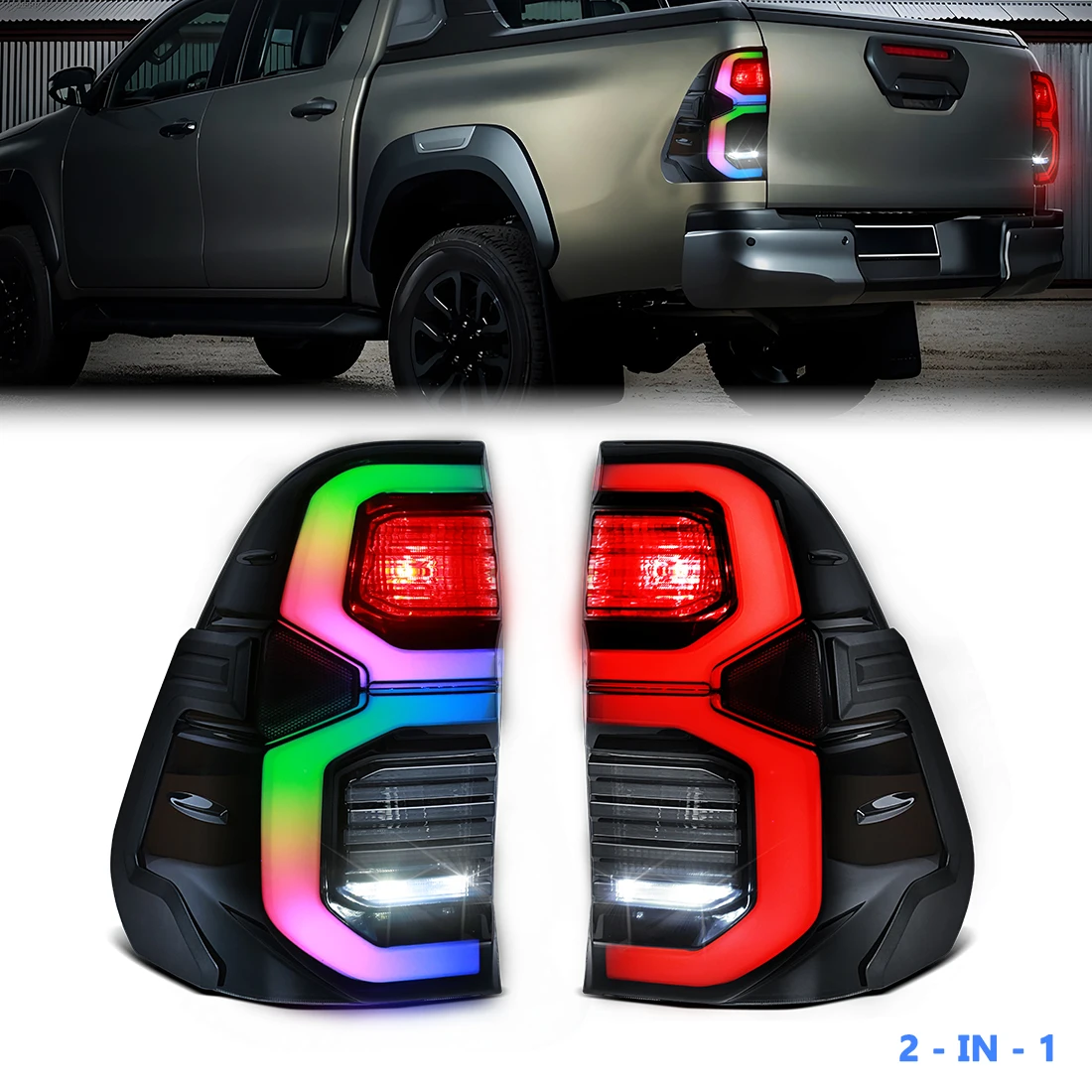 

Для Toyota Hilux REVO 2016-2021 RGB светодиодный задний фонарь 2 в 1, светодиодный дневный ходовой фонарь, указатель поворота, синхронизированный музыкой