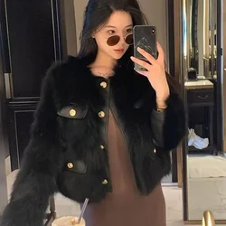 Elegant Faux Fur Jacket Women Fall Winter Warm Thick O-neck Button Solid Outwear Fashion High Street Imitation Fox Fur Lady Coat