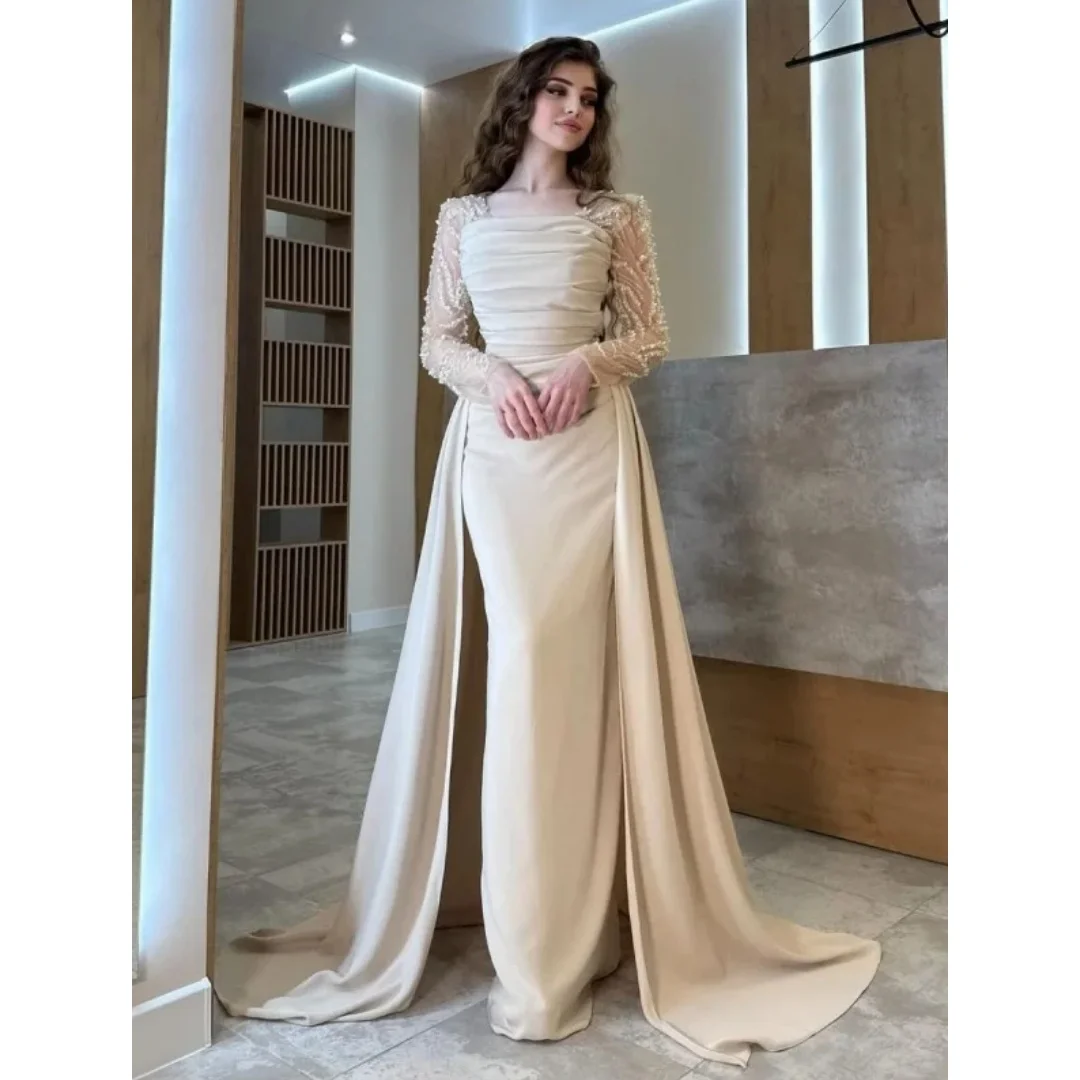 

Mermaid Evening Dresses Sequins Transparent Long Sleeves vestidos de noche Over Skirt Prom Dress Wedding Party Gown Customized