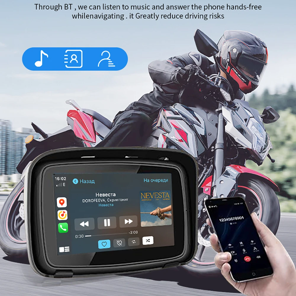 For IP67 Waterproof Motorcycle CarPlay & Android Auto 5 Inch Touch Screen BT V5.0 Wireless Carplay Display for Motorcycle