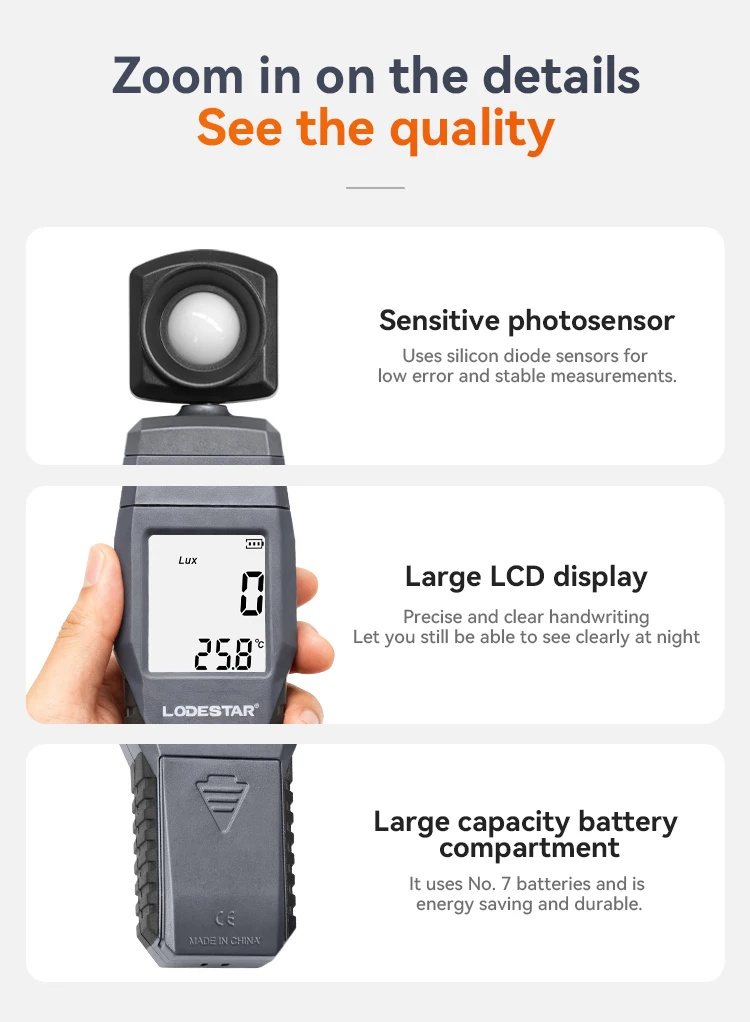 LODESTAR LD383 Light Meter Digital Illuminance Meter Handheld Ambient Temperature Measurer with Range up to 200,000 Lux Luxmeter