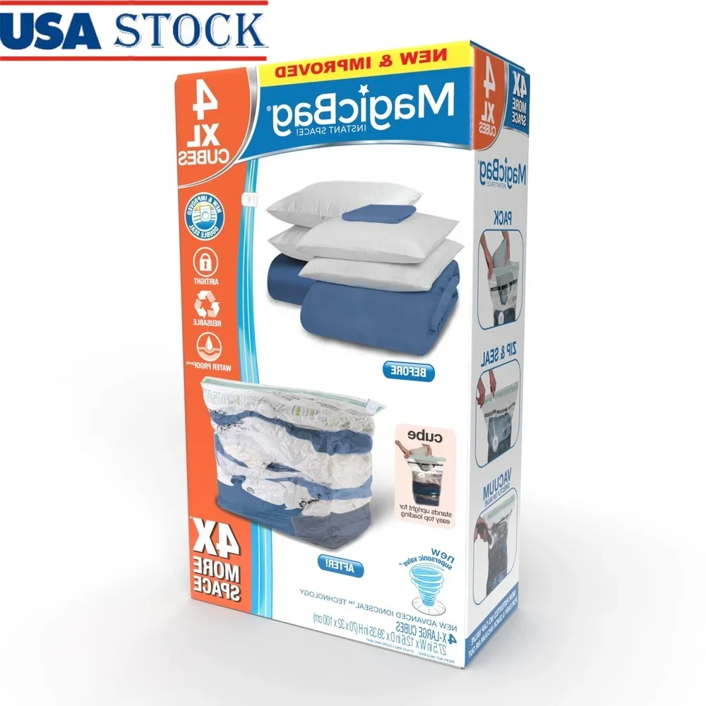 

Extra Large Space Saver Storage Bags Vacuum Seal Zip Bags 4 Pack Airtight Heavy Duty Reusable Cube Design Bedding Comforters