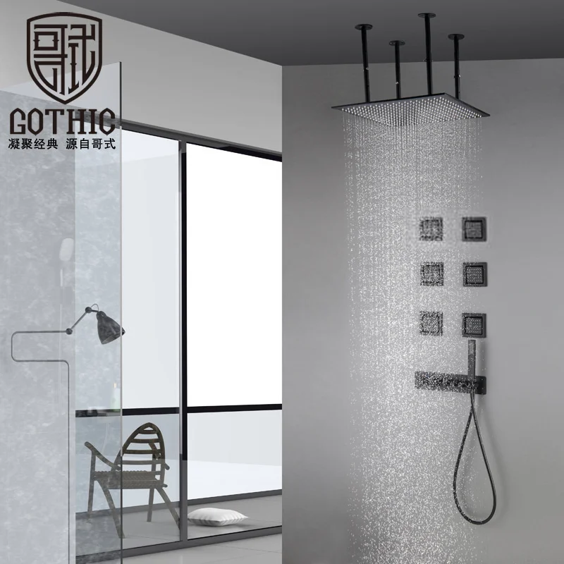 Gothic Black Luxury Concealed Constant Temperature Shower Set Wall Mounted Brass Hidden Rainfall Ceiling Spray System Faucet