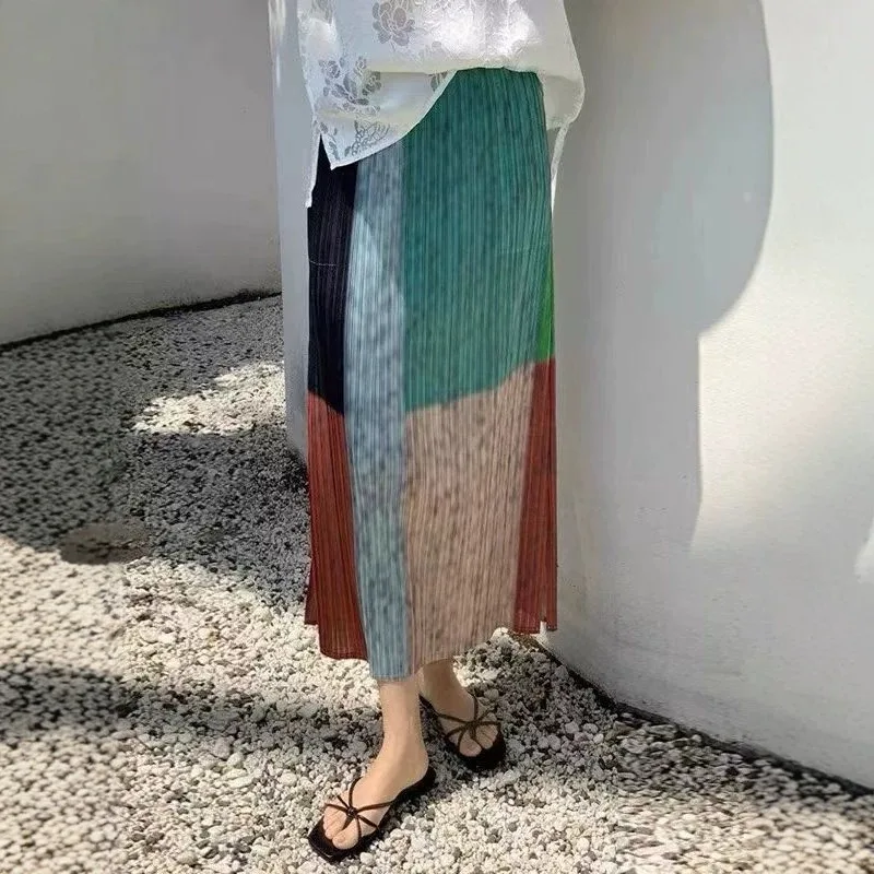 Miyake Pleated Skirt 2026 Summer New Design Plaid Patchwork Jupe High Waist Slim Striped Color-Block Mid-Length Versatile Skirt