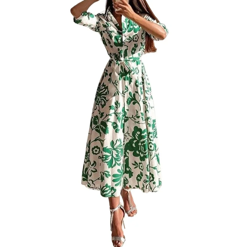 Autumn New Button Down Shirt Dress Long Sleeved Floral Print Beach Skirt