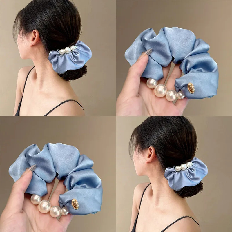 

Cream Blue Satin Pearl Edge Large Scrunchies Korean Style Elegant Hair Ties for Women Low Ponytail Bun Holder Daily