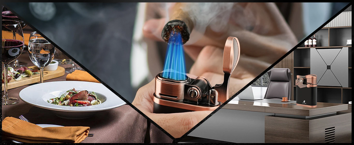 XIFEI Cigar Lighter 4 Jet Flame Torch Lighter with Cigar Holder, Windproof Rocker Arm Butane Lighter Adjustable Flame