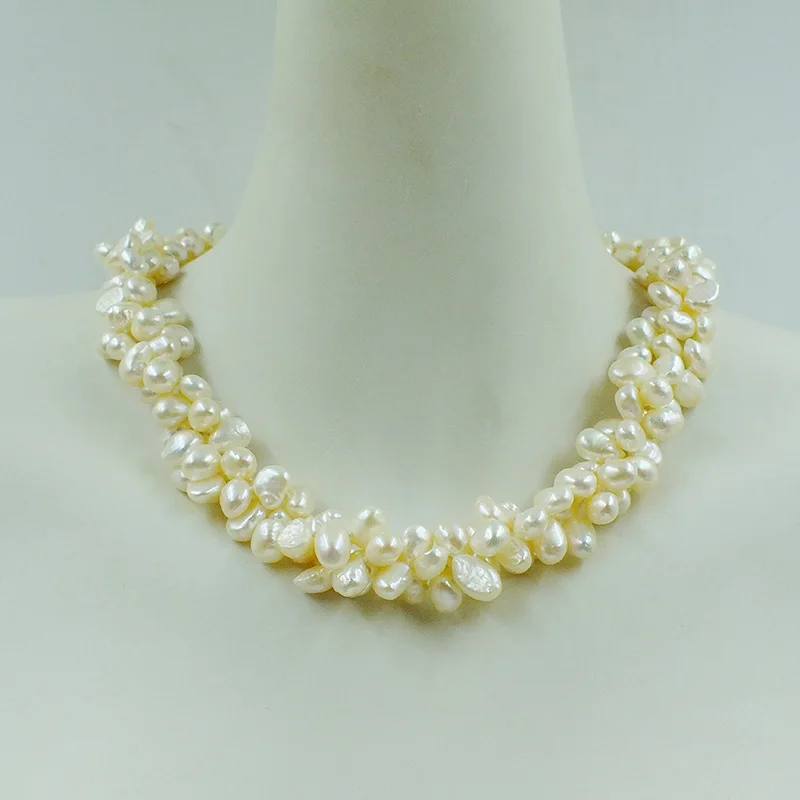 

3-strand 8-9mm AAA 100% natural white cultured freshwater Baroque pearl necklace 46CM