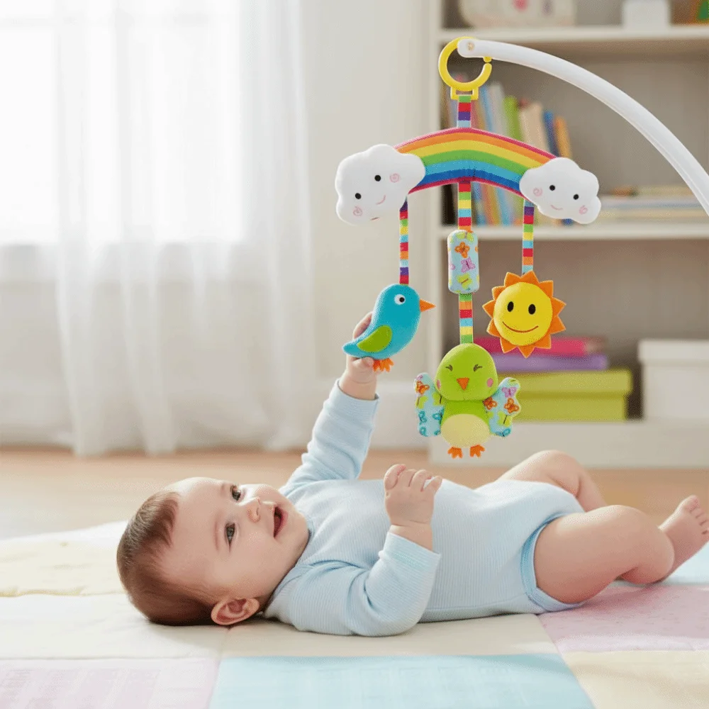 Giocattoli in Peluche per Neonati, Sonagli Sensoriali Morbidi, Campanello Colorato Arcobaleno, Giocattolo in Peluche con Funzione Massaggiagengive, Giocattolo per Seggiolino Auto 0-12 Mesi