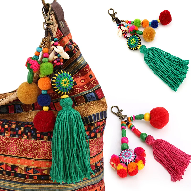 Wood Beads Key Chain Pompon Keychain Bohemian Sytle Car Bag Hanging Tassel Pendant Keychains Pompom Holder Women Jewelry