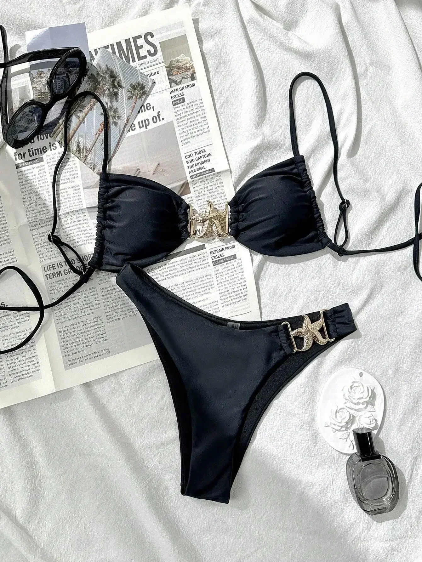 

Сексуальный комплект бикини с металлическими украшениями в виде морской звезды, 2025, женский черный купальник с пуш-ап и высокой талией, летний купальный костюм, купальник из двух предметов