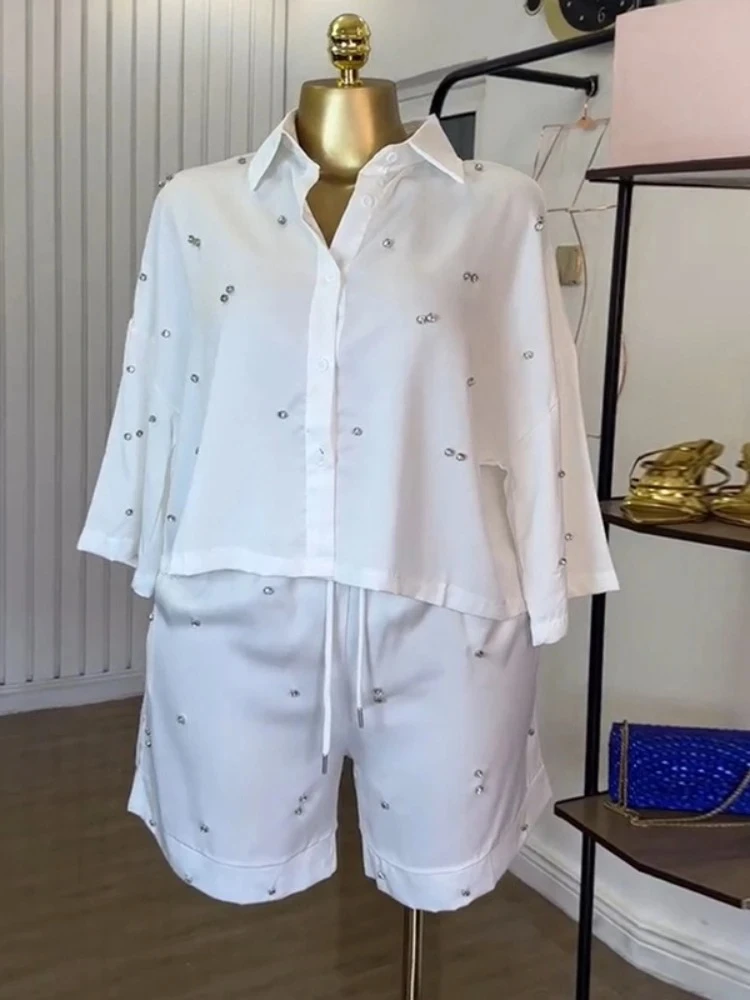 

BWQ Beading Women's Set Long Sleeve Shirt and Shorts Suit 2025 Summer OL Fashion Two 2 Piece Sets Outfit Tracksuit 2025