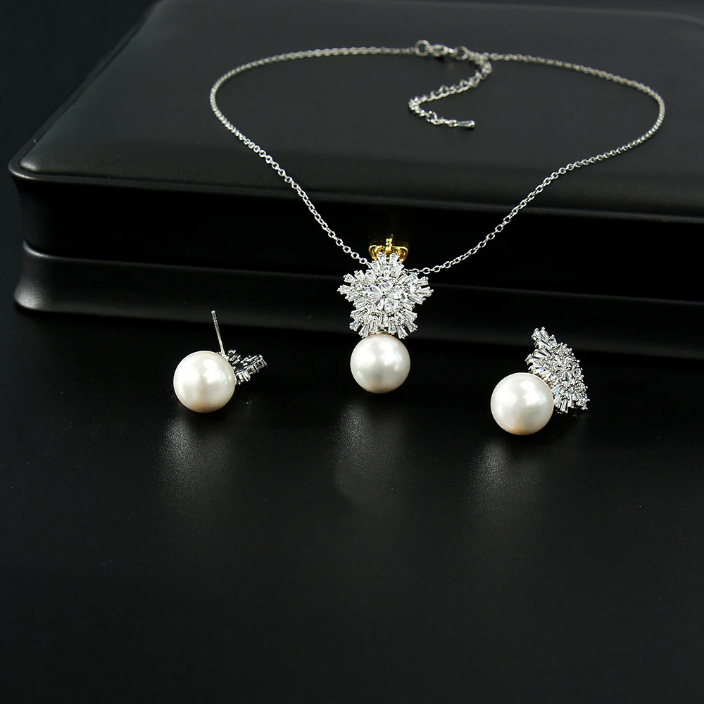 Romantic Cubic Zirconia Flower Pearls Earrings Pendant Necklace Jewelry Set for Women Bridal Wedding Gift