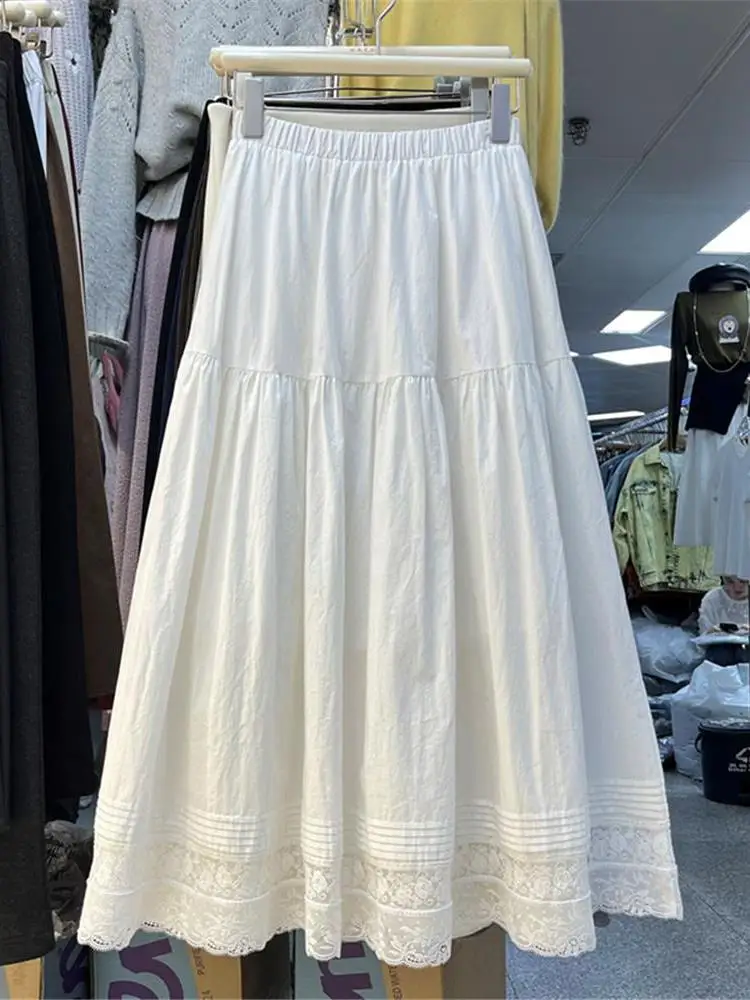 Korean Style Heavy Work Cotton Lace Patchwork White A-Line Half Skirt Women's Autumn Winter Flared Skirt Cake Long Skirt
