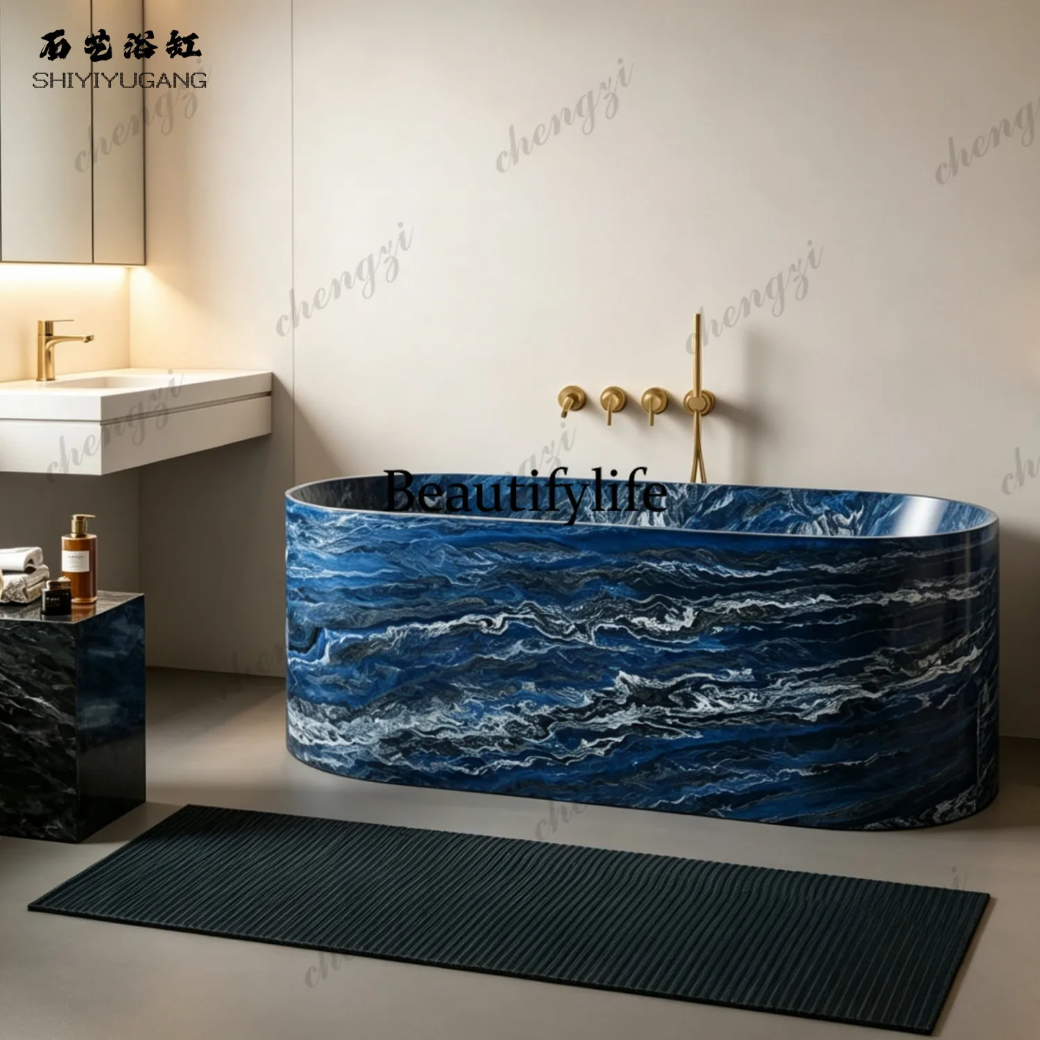 Stone art blue ocean texture integrated freestanding bathtub home hotel homestay artificial stone