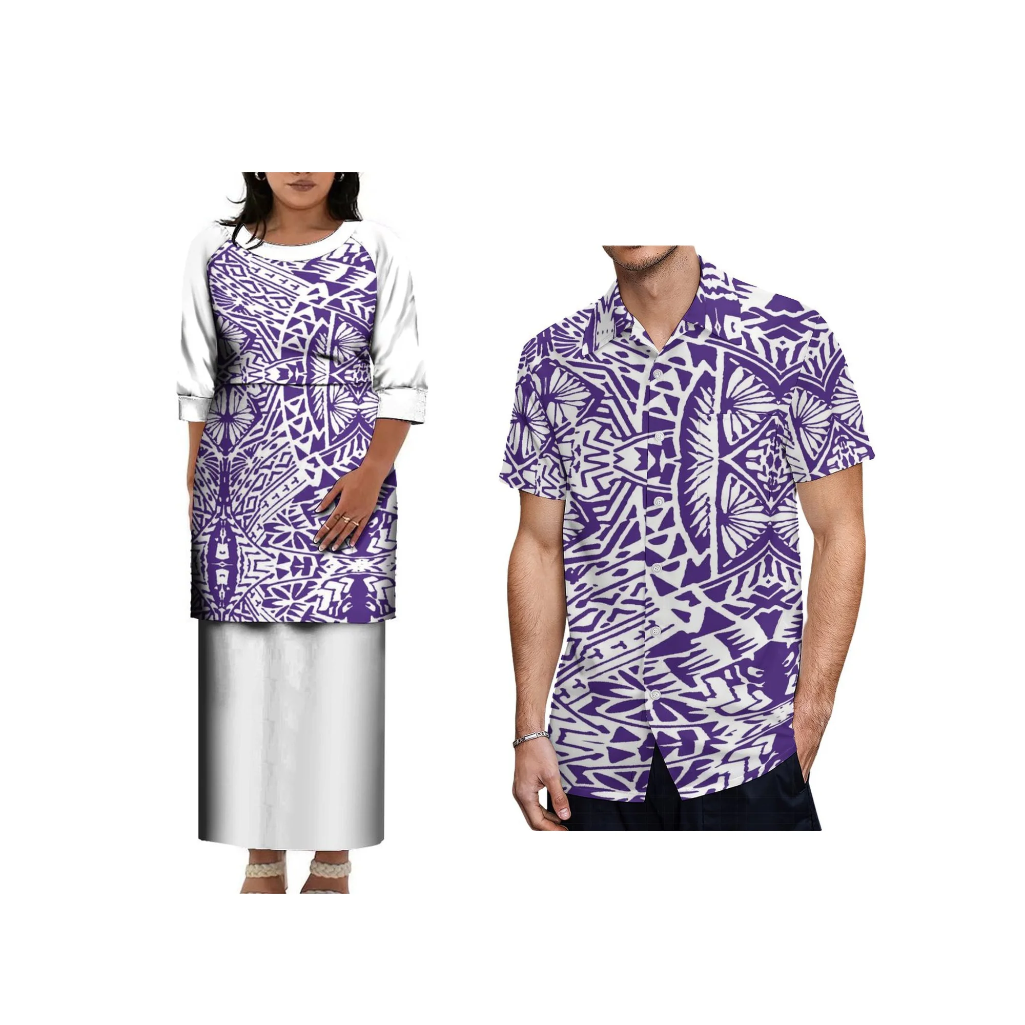 Best Price Custom Polynesian Tribal Design Tonga Samoan Puletasi Set Dress Plus Size Womens Round Neck Long Dress 2pcs