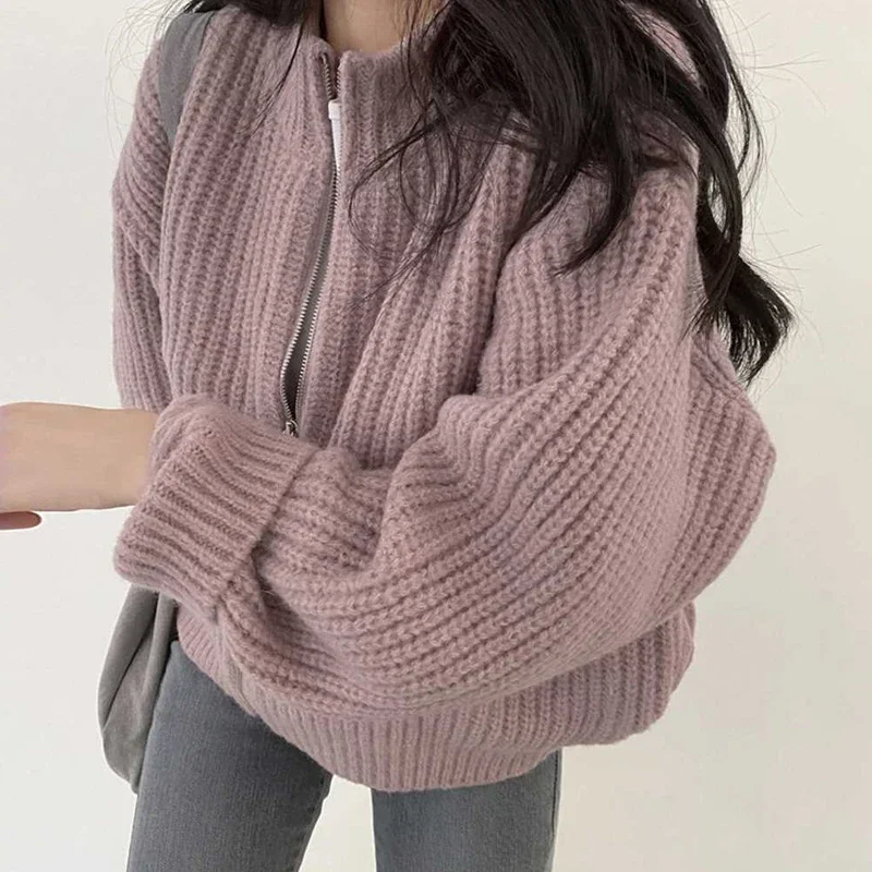 

Fashion Knitted Cardigan Winter Zipper Sweater Autumn Thick Long Sleeve Tops Casual Half High Collar Loose Coat Pull Femme 28218