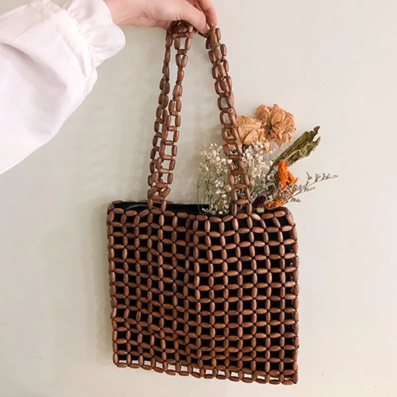 

Retro Wooden Bead Woven Bag Fashionable Square Bag Large Capacity Handmade Beaded Hollow Bag Versatile Women Handbag Shoulderbag