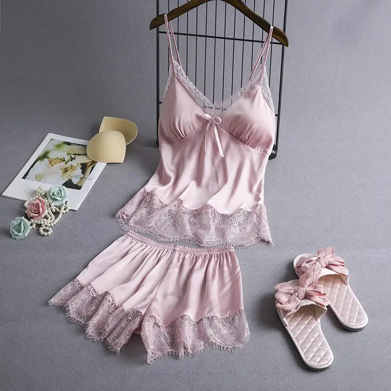 

Hot Girl Pajamas Ice Silk Sexy Straps Shorts Two-Piece Set Fashion Imitation Silk Homewear Dopamine New Style Wholesale Yrk
