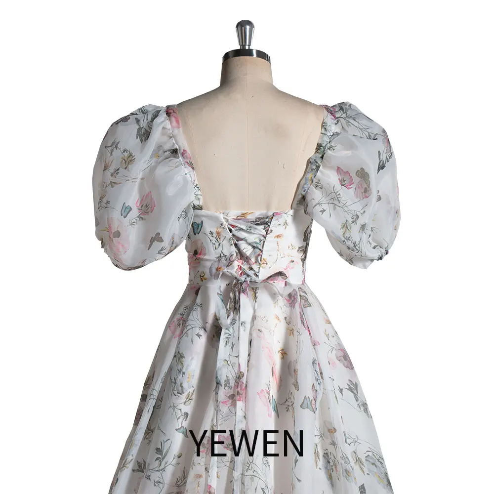 Off the Shoulder Floral Print A Line Sweep Train Evening Party Dress YEWEN YW240052