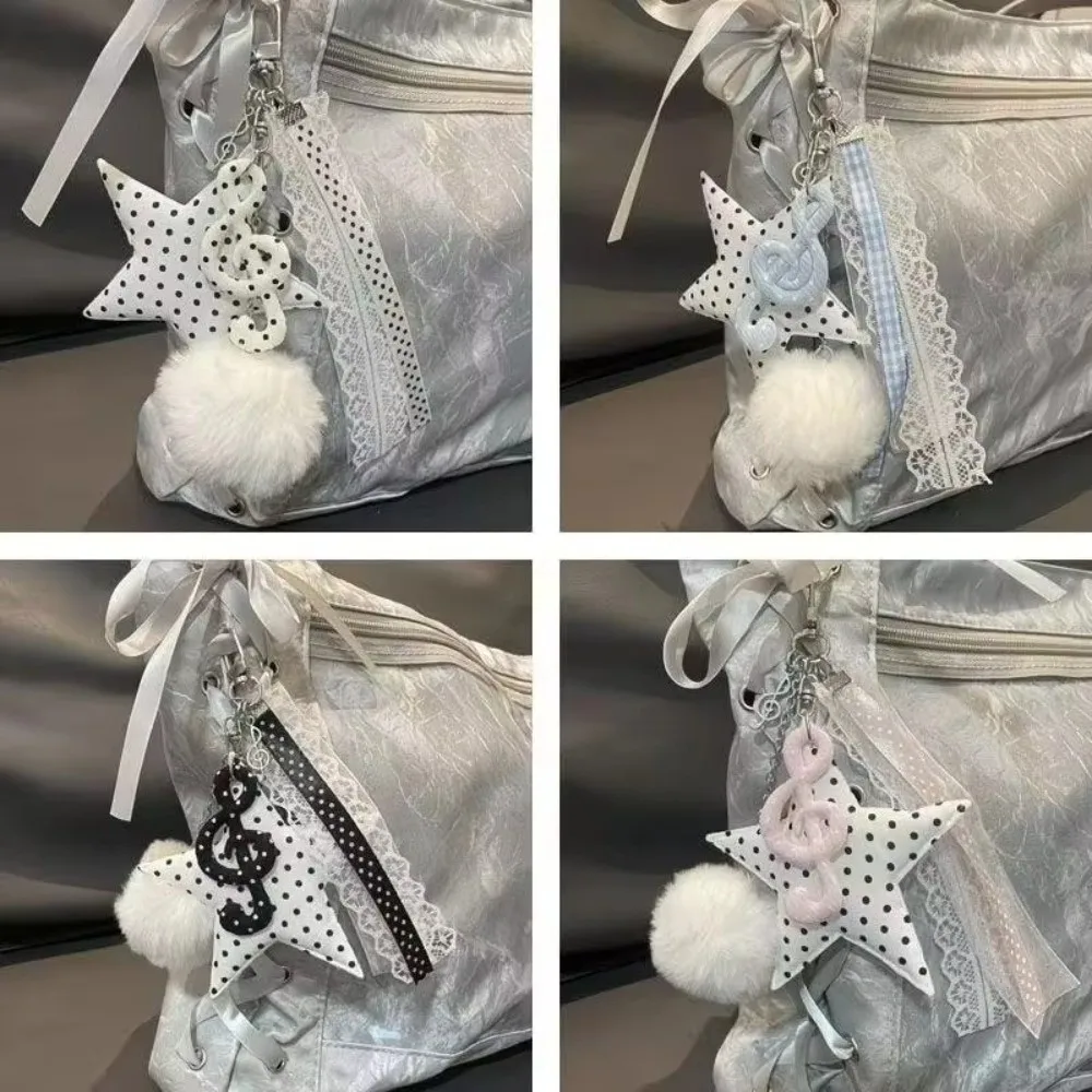 Sweet Polka Dot Star Pendant Keychain Music Note Bow Ribbon Bag Charm Angel Wings Lace Key Ring